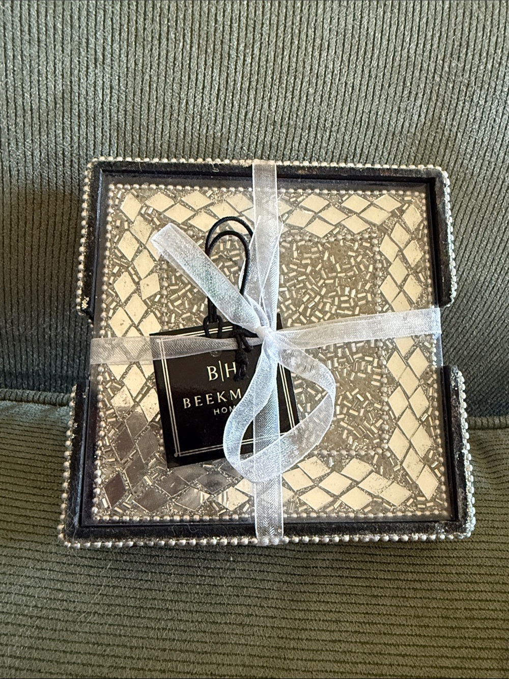 Beekman 1802 Silver-Trim Mosaic Glass Coasters Set